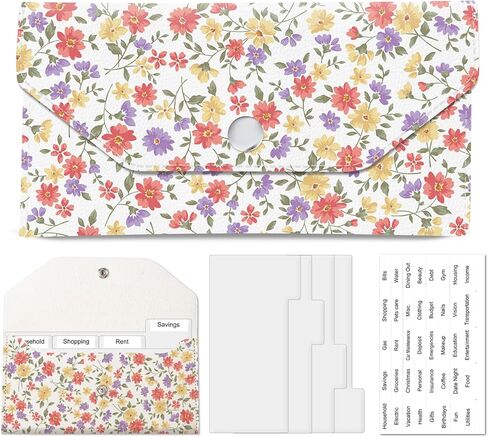PU Leather Cash Envelopes Wallet, Reusable Money Saving Wallet, Cute Budget Envelope with 4 Dividers & 1 Sheets Budget Labels Soft Pastel Floral in Saudi Arabia