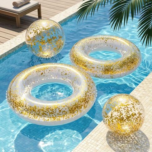 4 Pcs Glitter Pool Floats Inflatable Pool Tube Gold Confetti Swim Rings and Beach Balls with Pump Summer Beach Toys for Adults Bride Wedding Engagement Pool Party Accessories in Kuwait