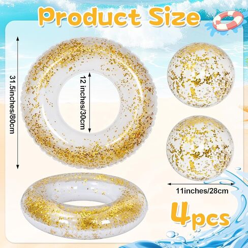 4 Pcs Glitter Pool Floats Inflatable Pool Tube Gold Confetti Swim Rings and Beach Balls with Pump Summer Beach Toys for Adults Bride Wedding Engagement Pool Party Accessories in Kuwait