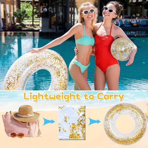 4 Pcs Glitter Pool Floats Inflatable Pool Tube Gold Confetti Swim Rings and Beach Balls with Pump Summer Beach Toys for Adults Bride Wedding Engagement Pool Party Accessories in Kuwait