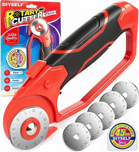 DIYSELF 45mm Rotary Cutter for Fabric with 5 Extra Blades, Quilting Rotary Cutters, Ergonomic Roller Cutter for Fabric, Sewing Cutter with Safe Lock, Quick-Change Paper, Leather, Fabric Cutting Wheel in Kuwait
