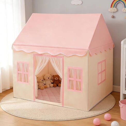 WIRHAO Large Kids Tent with Padded Mat Playhouse with Large Space for Toddlers Indoor Kids Play Tent for Girls Boys with Stars Lights, Carry Bag, Banner Flag (Pink) in Kuwait