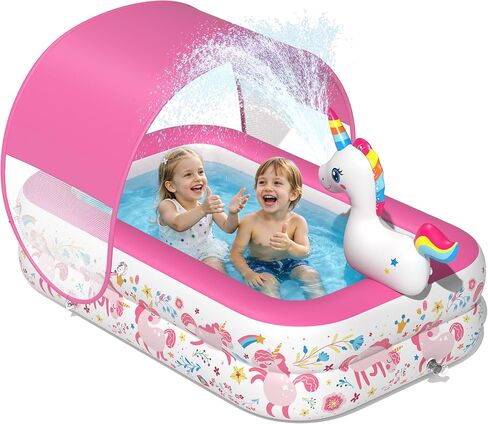 JOSEN Kiddie Pool with Canopy and Sprinkler, Inflatable Baby Pool with Soft Cushioned Floor, Portable Toddler Blow Up Pool Ball Pit for Backyard, Outdoor/Indoor Play Toys (Pink) in Kuwait