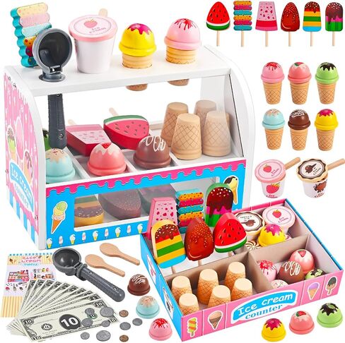 Ice Cream Play Set, Wooden Ice Cream Toy, Wooden Play Food, Ice Cream Shop Playset, Pretend Play Toys for Toddlers, Kitchen Toys Gift for Girls Boys 3 4 5 6 Year Old in Kuwait