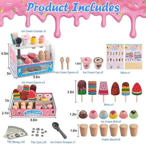 Ice Cream Play Set, Wooden Ice Cream Toy, Wooden Play Food, Ice Cream Shop Playset, Pretend Play Toys for Toddlers, Kitchen Toys Gift for Girls Boys 3 4 5 6 Year Old in Kuwait