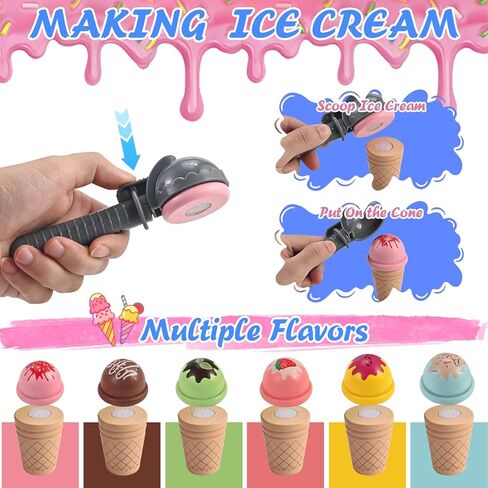 Ice Cream Play Set, Wooden Ice Cream Toy, Wooden Play Food, Ice Cream Shop Playset, Pretend Play Toys for Toddlers, Kitchen Toys Gift for Girls Boys 3 4 5 6 Year Old in Kuwait