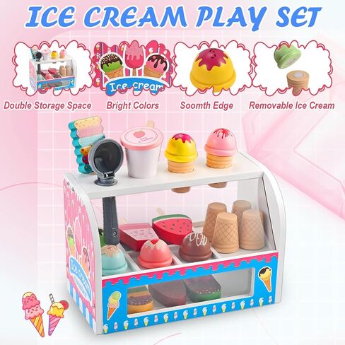 Ice Cream Play Set, Wooden Ice Cream Toy, Wooden Play Food, Ice Cream Shop Playset, Pretend Play Toys for Toddlers, Kitchen Toys Gift for Girls Boys 3 4 5 6 Year Old in Kuwait