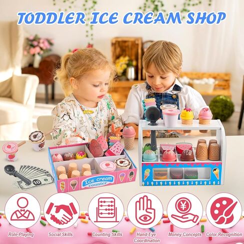 Ice Cream Play Set, Wooden Ice Cream Toy, Wooden Play Food, Ice Cream Shop Playset, Pretend Play Toys for Toddlers, Kitchen Toys Gift for Girls Boys 3 4 5 6 Year Old in Kuwait
