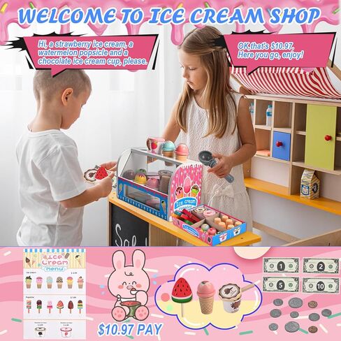 Ice Cream Play Set, Wooden Ice Cream Toy, Wooden Play Food, Ice Cream Shop Playset, Pretend Play Toys for Toddlers, Kitchen Toys Gift for Girls Boys 3 4 5 6 Year Old in Kuwait