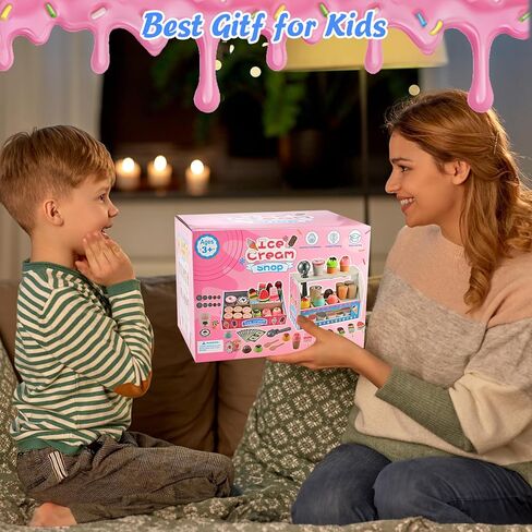 Ice Cream Play Set, Wooden Ice Cream Toy, Wooden Play Food, Ice Cream Shop Playset, Pretend Play Toys for Toddlers, Kitchen Toys Gift for Girls Boys 3 4 5 6 Year Old in Kuwait