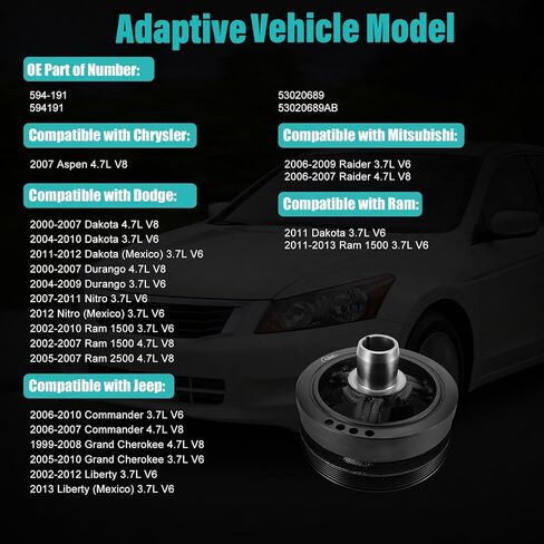 AULINK 594-191 بكرة العمود المرفقي الموازن التوافقي لـ 2000-2012 دودج داكوتا نيترو رام 1500 2500، لسيارة جيب كوماندر ليبرتي جراند شيروكي 1999-2013، لميتسوبيشي رايدر 3.7L V6 4.7L V8#53020689AB in Kuwait