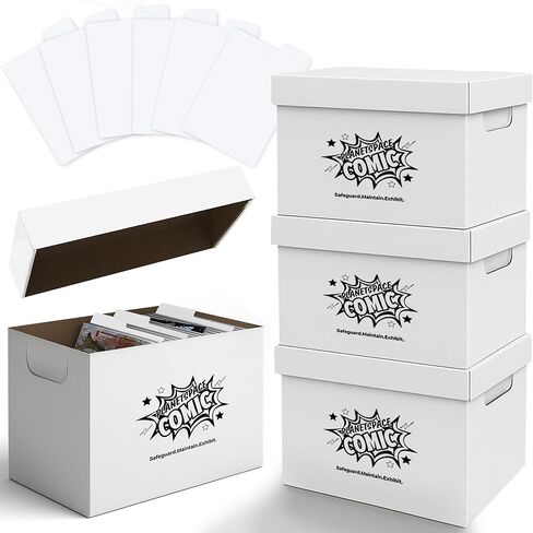 PlanetSpace Comic Book Storage Box | 3 Boxes with 6 Dividers (Each Box Stores Up to 175 Comics) - Short Stackable Design with Dust Protection Lid | Strong Structure & Acid Free Manufacturing in Kuwait