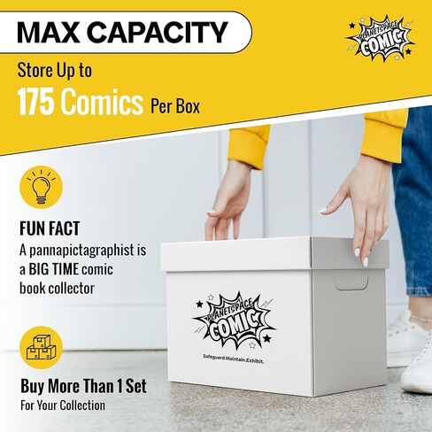 PlanetSpace Comic Book Storage Box | 3 Boxes with 6 Dividers (Each Box Stores Up to 175 Comics) - Short Stackable Design with Dust Protection Lid | Strong Structure & Acid Free Manufacturing in Kuwait