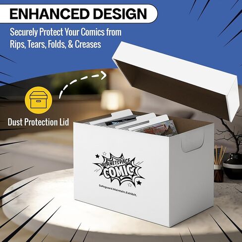 PlanetSpace Comic Book Storage Box | 3 Boxes with 6 Dividers (Each Box Stores Up to 175 Comics) - Short Stackable Design with Dust Protection Lid | Strong Structure & Acid Free Manufacturing in Kuwait