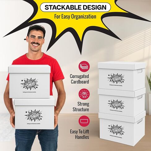 PlanetSpace Comic Book Storage Box | 3 Boxes with 6 Dividers (Each Box Stores Up to 175 Comics) - Short Stackable Design with Dust Protection Lid | Strong Structure & Acid Free Manufacturing in Kuwait