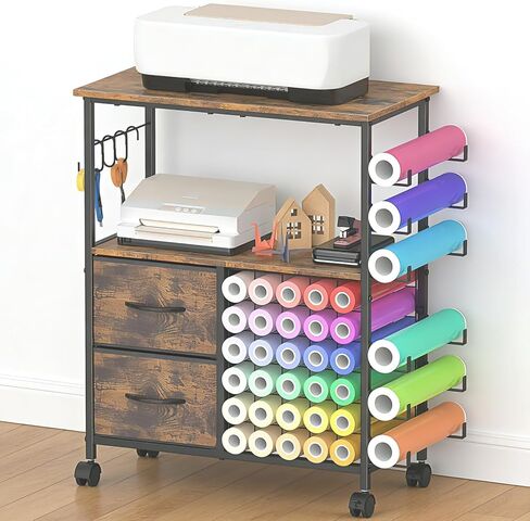 طاولة حرفية متوافقة مع عربة تخزين الحرف الدوارة من Cricut Machines مع حاملات لفائف الفينيل، محطة عمل طاولة صياغة مع درجين من القماش، عجلات قابلة للتحديد، بني ريفي in Kuwait