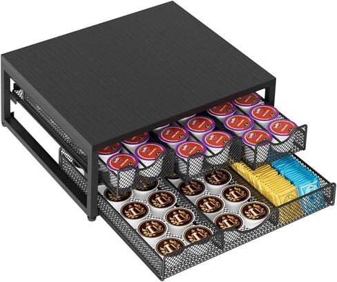 Coffee Pod Holder For Counter, 3 Pull-Out 72 K-Cup Holder Drawer, Wooden Cafe Pods Storage Organizer with Sliding Drawers for Coffee Station, Home, Kitchen, Office, Dorm, Black in Saudi Arabia