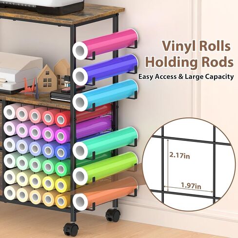 طاولة حرفية متوافقة مع عربة تخزين الحرف الدوارة من Cricut Machines مع حاملات لفائف الفينيل، محطة عمل طاولة صياغة مع درجين من القماش، عجلات قابلة للتحديد، بني ريفي in Kuwait