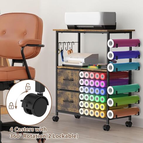 طاولة حرفية متوافقة مع عربة تخزين الحرف الدوارة من Cricut Machines مع حاملات لفائف الفينيل، محطة عمل طاولة صياغة مع درجين من القماش، عجلات قابلة للتحديد، بني ريفي in Kuwait