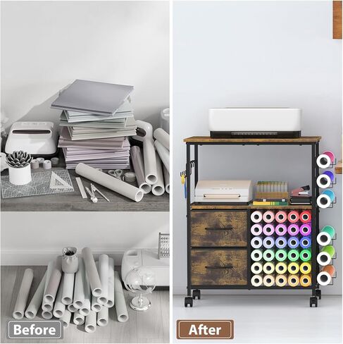 طاولة حرفية متوافقة مع عربة تخزين الحرف الدوارة من Cricut Machines مع حاملات لفائف الفينيل، محطة عمل طاولة صياغة مع درجين من القماش، عجلات قابلة للتحديد، بني ريفي in Kuwait