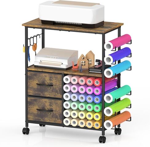 طاولة حرفية متوافقة مع عربة تخزين الحرف الدوارة من Cricut Machines مع حاملات لفائف الفينيل، محطة عمل طاولة صياغة مع درجين من القماش، عجلات قابلة للتحديد، بني ريفي in Kuwait