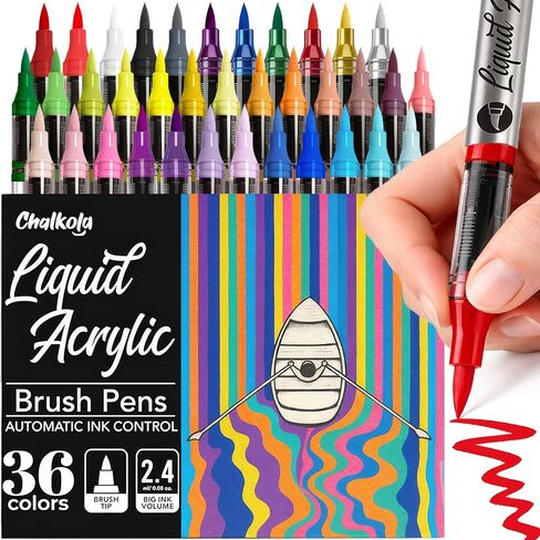 Chalkola 36 Acrylic Paint Markers Brush Tip - Flexible Brush Acrylic Marker, No Bleed, Waterproof Paint Pens for Coloring Book, Canvas, Rock Painting, Professional Artists, Crafts - Water Based Ink in Saudi Arabia