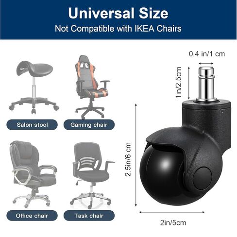 5 Pcs Office Chair Casters Wheels Replacement 2 Inch Heavy Duty Chair Casters Support 2000 LBS, Rubber Desk Chair Wheels Safe for All Floors or Carpet, Smooth & Silent Universal Size - Black in Kuwait