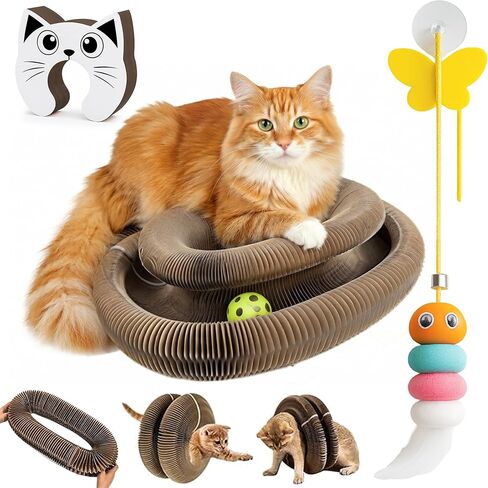 لعبة LUBANA Kitty Curls Cat (كبيرة) من الورق المقوى التفاعلي Twisty Paws مع كرة جرس ودعابة معلقة | خدش القطة القابلة للطي | تصميم قرص العسل | العناية بالمخلب والتمرين والمرح in Saudi Arabia