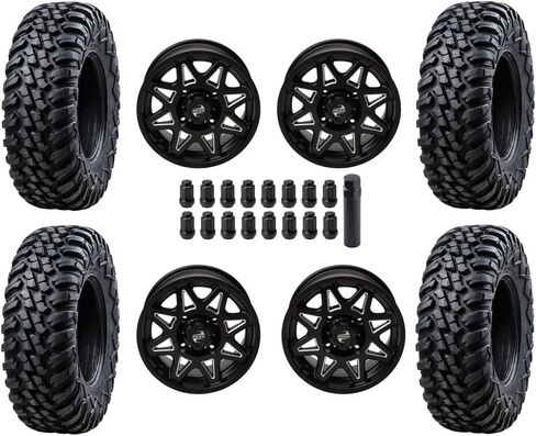 Set of 30x10-15 Tusk TERRABITE 8-Ply Radial UTV Tires mounted on Tintic Wheels Compatible with CF Moto/Honda/Yamaha applications - 4/110 bolt pattern Lug Nuts (5+2 Wheel Offset, Milled/Black) in Kuwait
