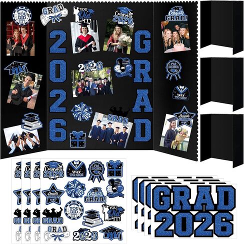 4 Set Graduation Photo Display Board, Class of 2026 Black Blue Trifold Poster Board with Grad Pattern Stickers, Graduation Photo Props Collage for Multiple Pictures Party Decorations, 16x24 Inch in Kuwait