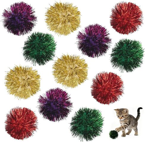 AUEAR, 12 Pack 2 Inch Sparkle Ball Shiny Glitter Tinsel Pom Poms Interactive Cat Balls for Kittens (6 Colors) in Saudi Arabia