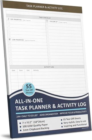 All-in-One Task Planner & Activity Log Notepad for Work - 55 Tear-Off Sheets Daily To Do List with Priority & Follow-Up, Hourly Schedule Tracker & Phone Call Log for Office Productivity, ADHD Focus in Kuwait