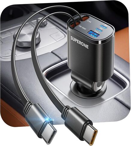 شاحن سيارة قابل للسحب بقدرة 90 واط من SUPERONE مع كابلات مزدوجة من النوع C، ومحول سيارة USB C سريع، وشحن سريع متعدد المنافذ 5 في 1 متوافق مع iPhone 17 16 15 14 13 12 وGalaxy وPixel وiPad - أسود in Kuwait