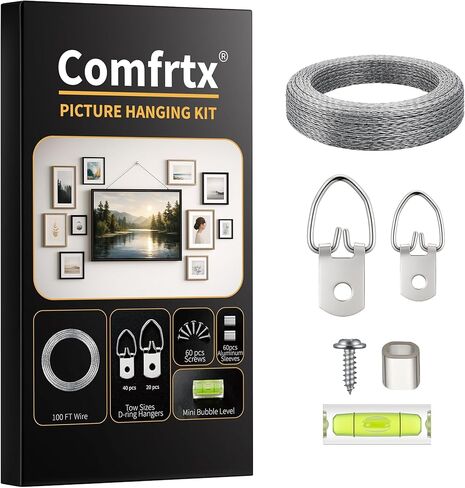 Picture Hanging Wire Kit - 100FT Braided Wire with D Ring Picture Hangers(40 Small+20 Heavy Duty), Screws, Aluminum Crimping Sleeves & Level - Wall Hanging Hardware for Canvas, Frames, Mirrors in Kuwait