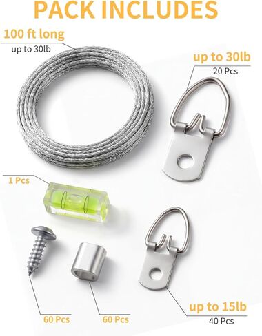 Picture Hanging Wire Kit - 100FT Braided Wire with D Ring Picture Hangers(40 Small+20 Heavy Duty), Screws, Aluminum Crimping Sleeves & Level - Wall Hanging Hardware for Canvas, Frames, Mirrors in Kuwait