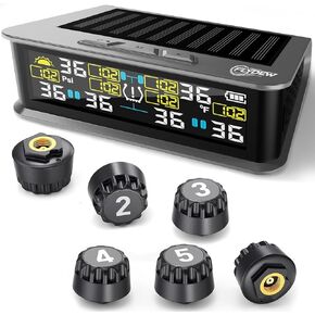 RV Tire Pressure Monitoring System, TPMS with 6 Sensors & 6 Alarm Modes, 0-144 PSI ±1.5PSI, Solar/USB Charging for Dually Trucks & Heavy-Duty Trailers in Kuwait