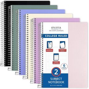 ONAVIA 2 Subject Spiral Notebook, 6 Pack, College Ruled, 6 x 9.5 in, 100 Sheets, Poly Cover, 2 Dividers and Double-Sided Pockets for Study, Assorted Colors in Kuwait