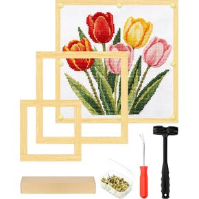 FIVEIZERO 12Pcs Stretcher Bars for Needlework, 3 Sizes Pre-Painted Smooth Wooden Canvas Stretcher Bars with 50 Tacks, Tacks Remover and Mallet, Needlepoint Embroidery Stitch Frame Set (8"/12"/16") in Kuwait