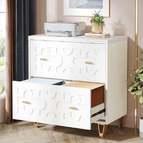 Tribesigns 2-Drawer Lateral File Cabinet, Modern White Filing Cabinet for Legal/Letter/A4 Size, Large Storage Filing Cabinet Printer Stand for Home Office, Warm White and Gold in Kuwait