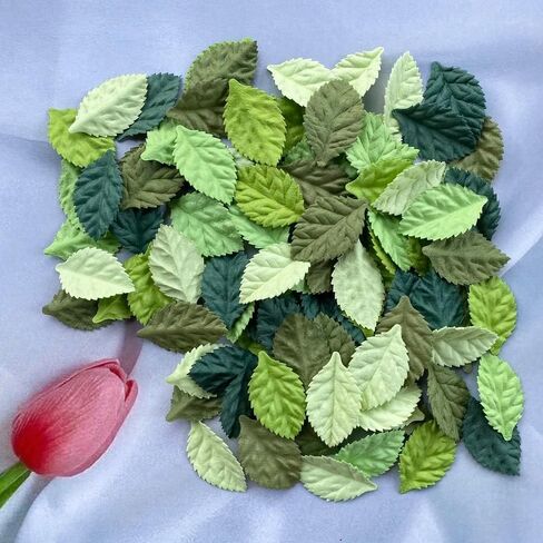 Artificial Leaves 100 pcs Mulberry Paper Roses Leaves 45x25mm DIY Craft Scrapbooking Wedding DIY Craft Supplies Card (Roses Leaves Green Tone) in Kuwait