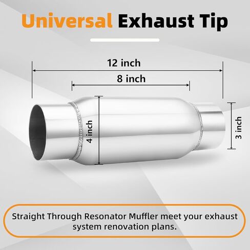 A-KARCK 3" Inlet Exhaust Resonator, 3" Inlet 3" Outlet 12" Overall Length Muffler Universal Resonator Stainless Steel Straight Through Design Exhaust Tip for Cars in Kuwait