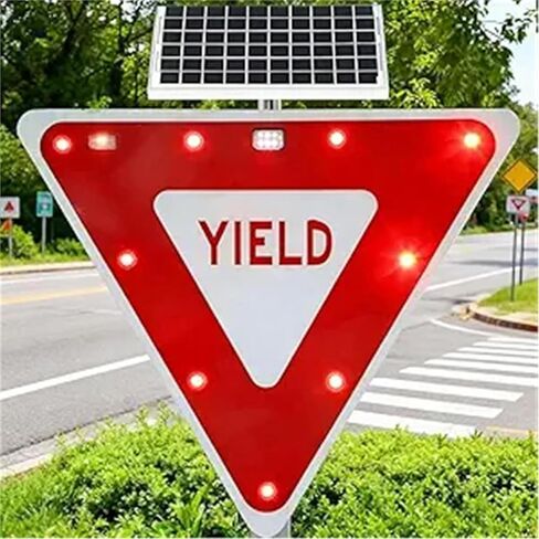 Solar-Powered 28in Yield Sign with Flashing LED Lights - Durable Aluminum Road Sign for Enhanced Safety & Visibility at Intersections in Kuwait