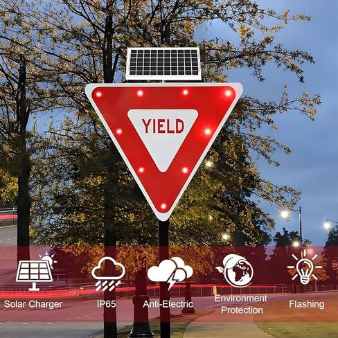 Solar-Powered 28in Yield Sign with Flashing LED Lights - Durable Aluminum Road Sign for Enhanced Safety & Visibility at Intersections in Kuwait