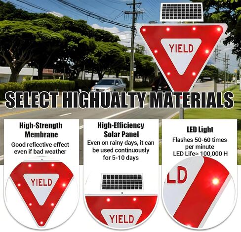 Solar-Powered 28in Yield Sign with Flashing LED Lights - Durable Aluminum Road Sign for Enhanced Safety & Visibility at Intersections in Kuwait