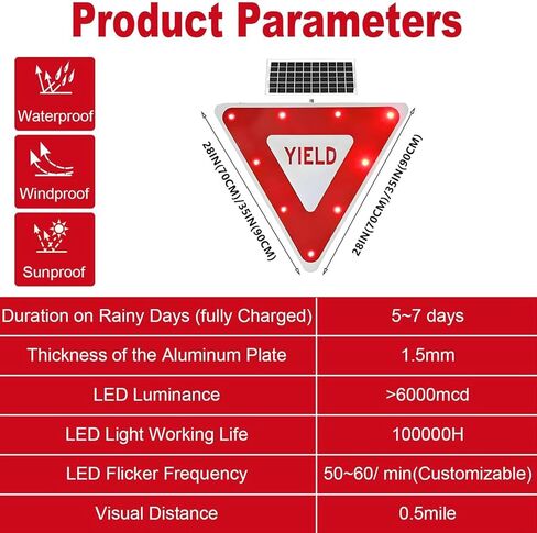 Solar-Powered 28in Yield Sign with Flashing LED Lights - Durable Aluminum Road Sign for Enhanced Safety & Visibility at Intersections in Kuwait