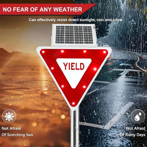 Solar-Powered 28in Yield Sign with Flashing LED Lights - Durable Aluminum Road Sign for Enhanced Safety & Visibility at Intersections in Kuwait