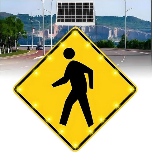 30" Solar LED Pedestrian Crossing Sign - Solar-Powered Blinking Traffic Sign, Durable Aluminum Road Sign for Street Safety, Rust-Proof Warning Sign (76CM) in Kuwait