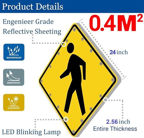 24" Solar Powered LED Pedestrian Crossing Sign - Flashing Traffic Warning Sign, Rust-Proof Aluminum Road Sign, 30" Street Safety Blinking Sign for Enhanced Visibility in Kuwait