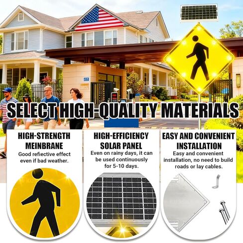 24" Solar Powered LED Pedestrian Crossing Sign - Flashing Traffic Warning Sign, Rust-Proof Aluminum Road Sign, 30" Street Safety Blinking Sign for Enhanced Visibility in Kuwait