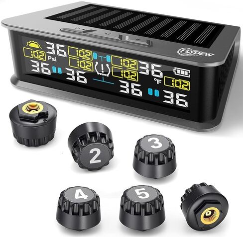 RV Tire Pressure Monitoring System, TPMS with 6 Sensors & 6 Alarm Modes, 0-144 PSI ±1.5PSI, Solar/USB Charging for Dually Trucks & Heavy-Duty Trailers in Kuwait